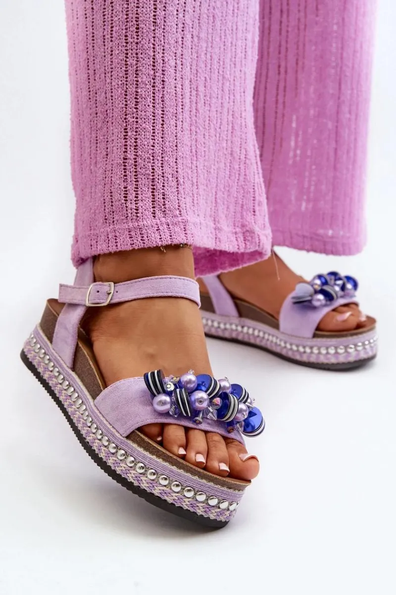 Sandały Na Koturnie>Damskie buty S.Barski Sandały Damskie Na Koturnie I Platformie Z Ozdobami S.Barski HY056 Fioletowe