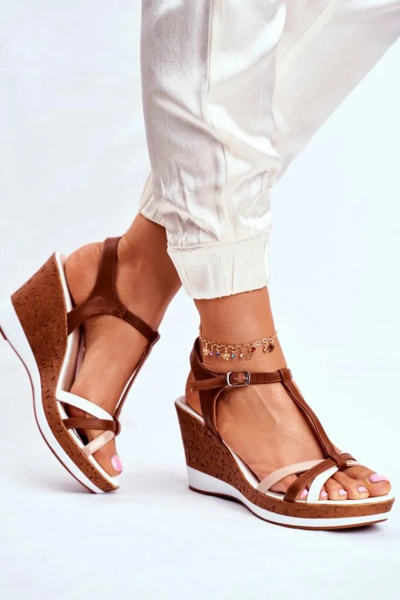 Outlet Sandały Damskie Na Koturnie Sergio Leone Brązowe SK308 Damskie Sandały Na Koturnie