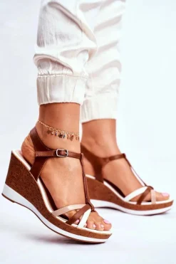 Outlet Sandały Damskie Na Koturnie Sergio Leone Brązowe SK308 Damskie Sandały Na Koturnie