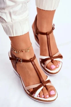 Outlet Sandały Damskie Na Koturnie Sergio Leone Brązowe SK308 Damskie Sandały Na Koturnie