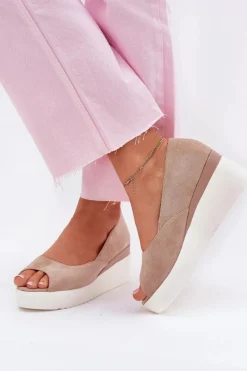 Sandały Na Koturnie>Boto Sandały Damskie Na Koturnie Z Eko Zamszu Beżowe Velira Beżowy