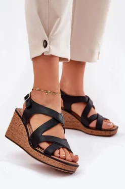 Buty Sergio Leone Sandały Damskie Na Koturnie Sergio Leone SK223 Czarne Czarny