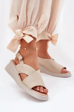 Hot Sandały Damskie Na Koturnie Z Eko Skóry Złote Quilara Damskie Sandały Na Koturnie