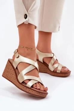 Sandały Na Obcasie|Sandały Na Koturnie>Buty Sergio Leone Sandały Damskie Na Koturnie Sergio Leone SK223 Złote Złoty