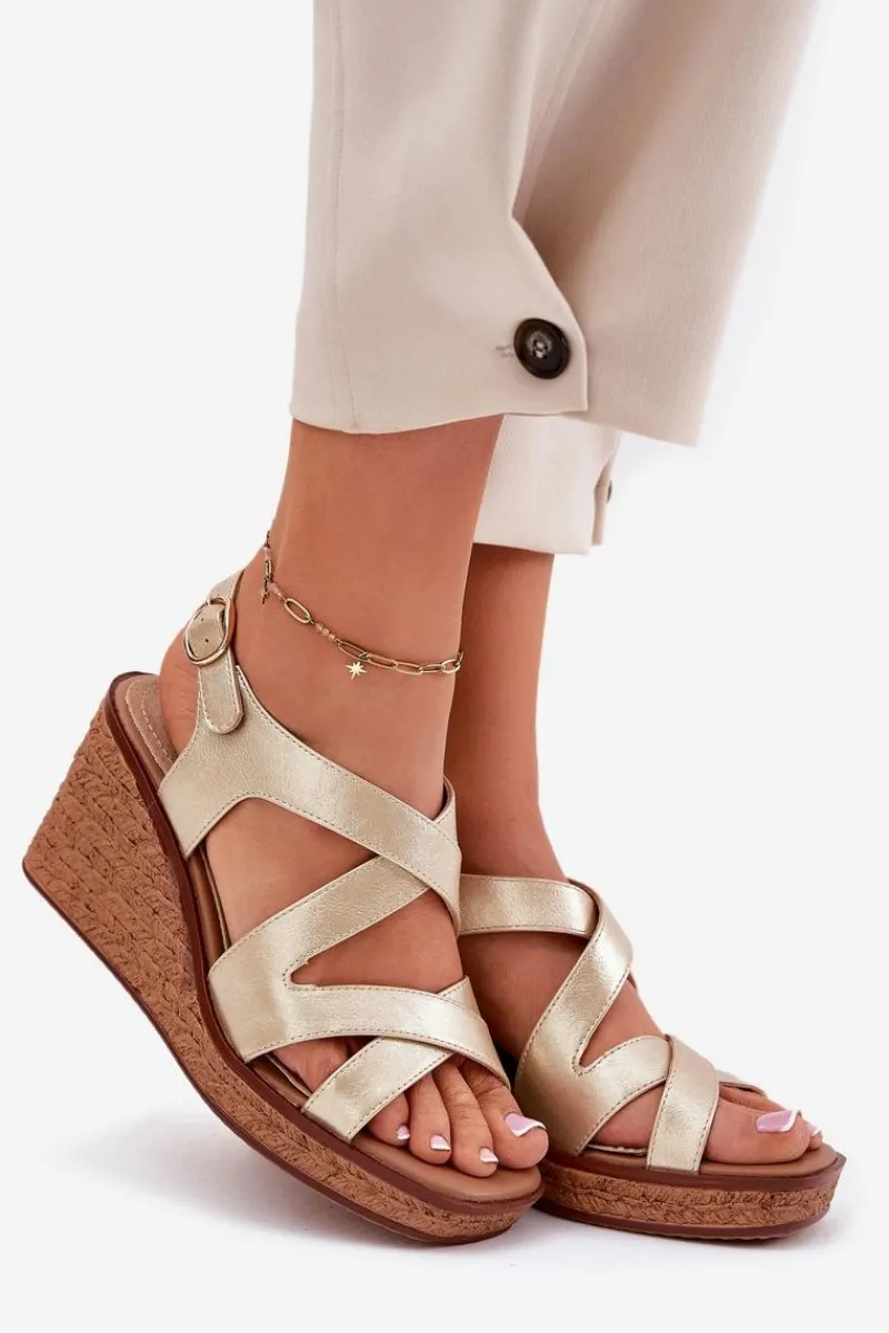 Sandały Na Obcasie|Sandały Na Koturnie>Buty Sergio Leone Sandały Damskie Na Koturnie Sergio Leone SK223 Złote Złoty