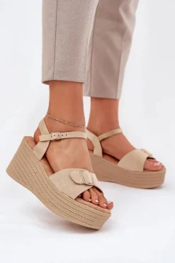 Sandały Na Koturnie>Boto Sandały Damskie Na Koturnie Z Klamrą Khaki Liniella Beżowy