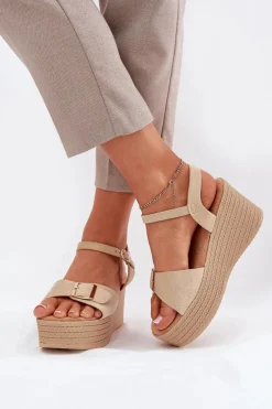 Sandały Na Koturnie>Boto Sandały Damskie Na Koturnie Z Klamrą Khaki Liniella Beżowy