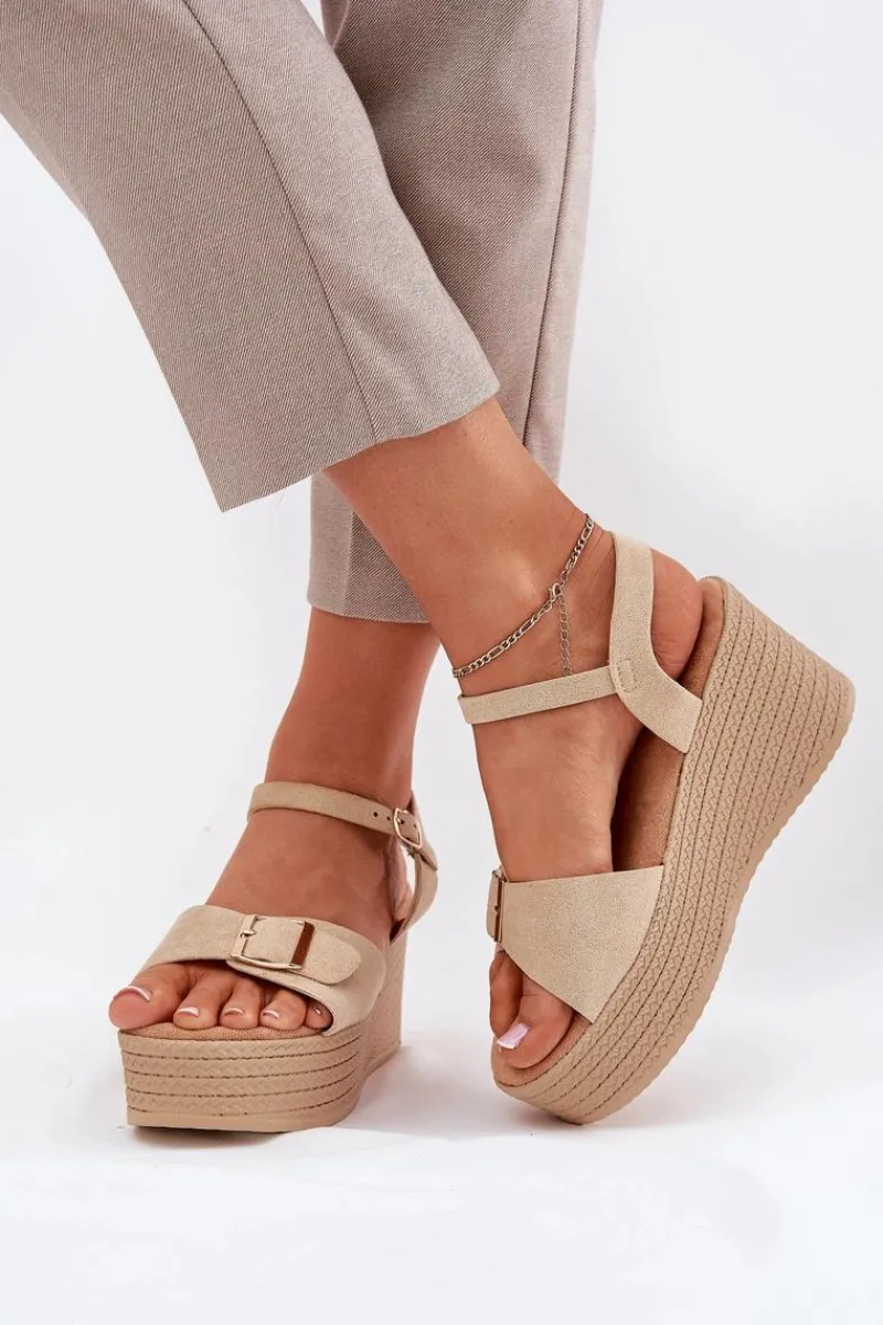 Sandały Na Koturnie>Boto Sandały Damskie Na Koturnie Z Klamrą Khaki Liniella Beżowy