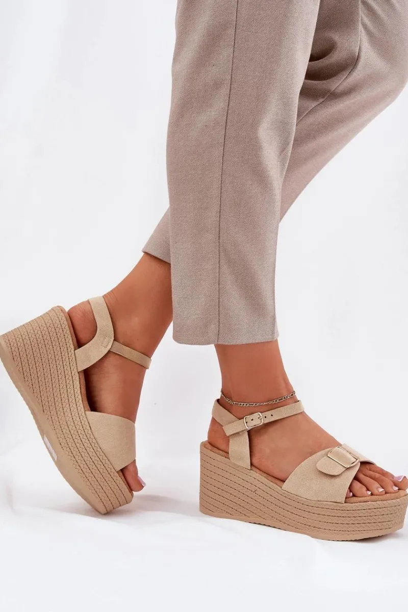 Sandały Na Koturnie>Boto Sandały Damskie Na Koturnie Z Klamrą Khaki Liniella Beżowy