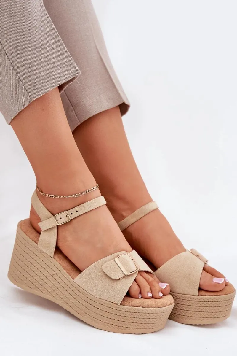 Sandały Na Koturnie>Boto Sandały Damskie Na Koturnie Z Klamrą Khaki Liniella Beżowy