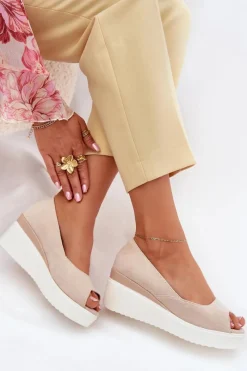 Outlet Boto Sandały Damskie Na Koturnie Z Eko Zamszu Jasnobeżowe Velira Beżowy