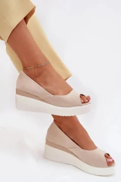 Outlet Boto Sandały Damskie Na Koturnie Z Eko Zamszu Jasnobeżowe Velira Beżowy