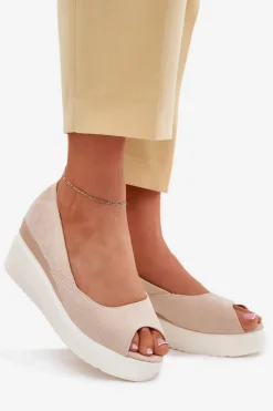 Outlet Boto Sandały Damskie Na Koturnie Z Eko Zamszu Jasnobeżowe Velira Beżowy