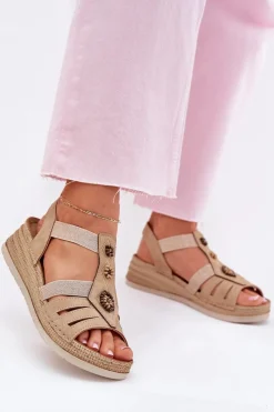 Outlet INBLU Sandały Damskie Na Koturnie Z Ozdobami RV000015 Beżowe Beżowy