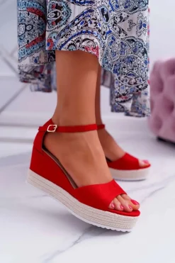Best Boto Sandały Damskie Na Koturnie Platformie Zamszowe Czerwone Delima