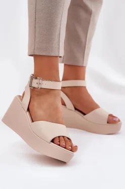 Boto Sandały Damskie Na Koturnie Beżowe Efrina