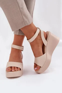 Boto Sandały Damskie Na Koturnie Beżowe Efrina