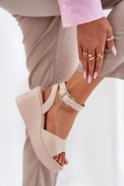 Boto Sandały Damskie Na Koturnie Beżowe Efrina