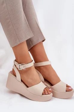 Boto Sandały Damskie Na Koturnie Beżowe Efrina