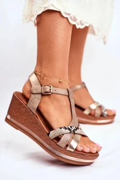 Discount Sandały Damskie Na Koturnie Beżowe Skóra Węża Enroll Damskie Sandały Na Koturnie