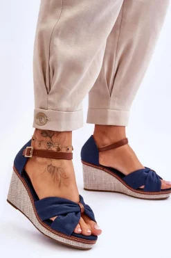 Online Boto Sandały Damskie Na Koturnie Granatowe Daphne Niebieski