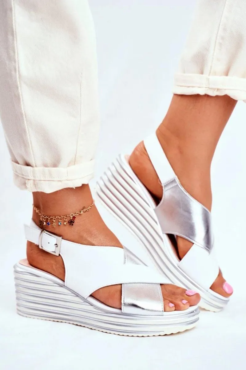 Sale Sandały Damskie Na Koturnie Sergio Leone Białe SK328 Damskie Sandały Na Koturnie