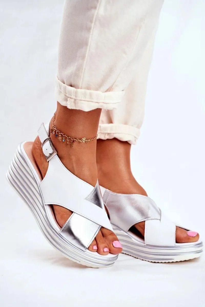 Sale Sandały Damskie Na Koturnie Sergio Leone Białe SK328 Damskie Sandały Na Koturnie