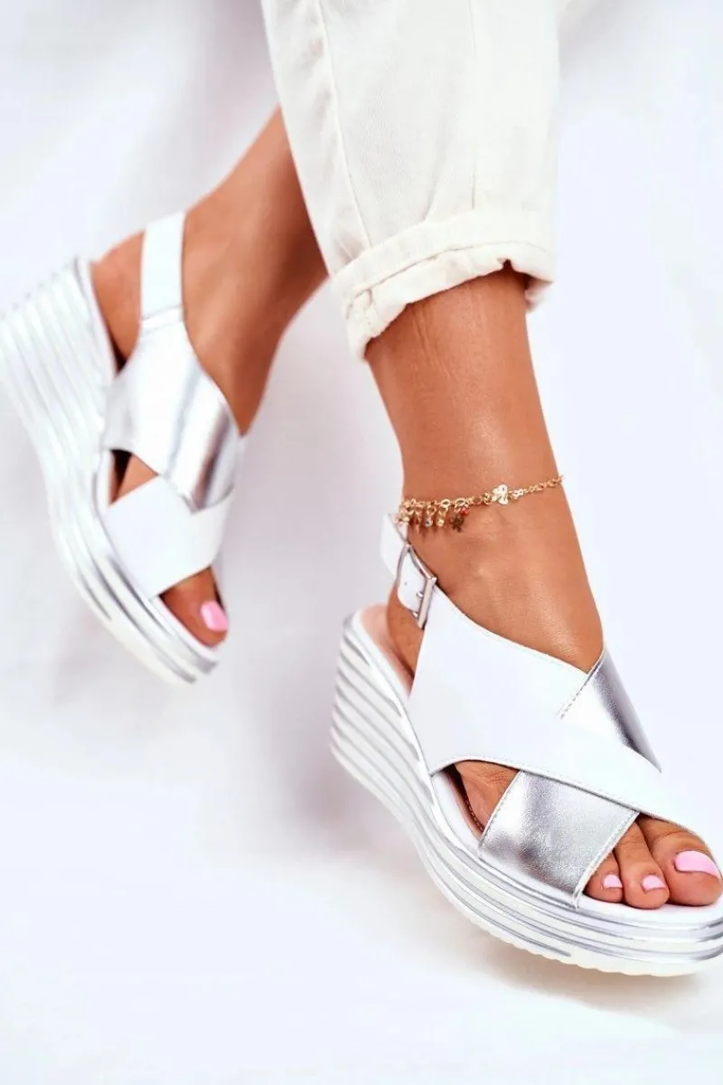 Sale Sandały Damskie Na Koturnie Sergio Leone Białe SK328 Damskie Sandały Na Koturnie