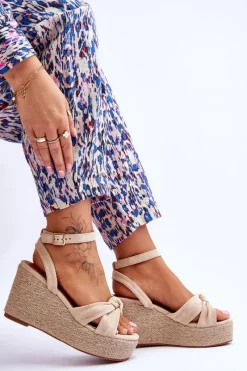 Boto Sandały Damskie Na Koturnie Beżowe Kendall