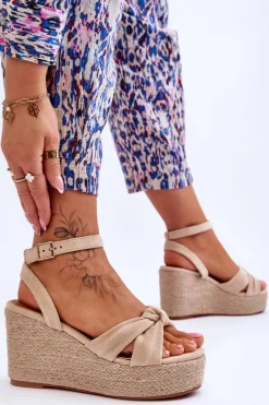 Boto Sandały Damskie Na Koturnie Beżowe Kendall