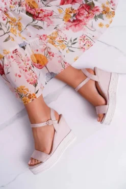 Best Boto Sandały Damskie Na Koturnie Lniane Beżowe Liviana