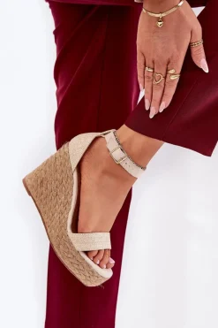 Sandały Na Koturnie>Boto Sandały Damskie Na Koturnie Z Plecionką Beżowe Adelio Beżowy