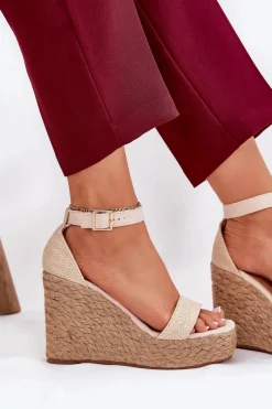 Sandały Na Koturnie>Boto Sandały Damskie Na Koturnie Z Plecionką Beżowe Adelio Beżowy