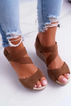 Discount Sandały Damskie Na Koturnie Big Star Zamszowe Brązowe DD276035 Damskie Sandały Big Star|Sandały Na Koturnie