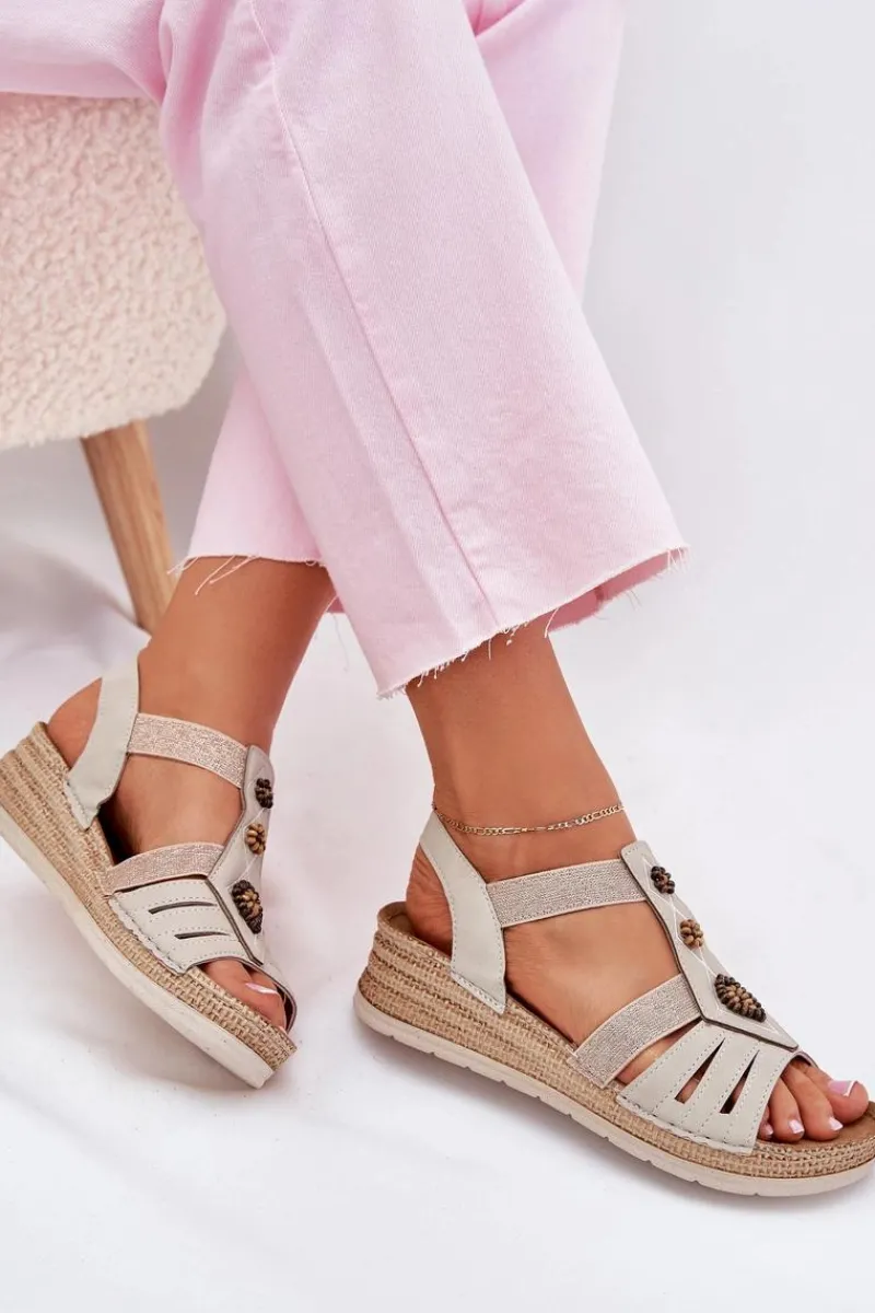 Sandały Na Koturnie>INBLU Sandały Damskie Na Koturnie Z Ozdobami RV000015 Jasnobeżowe Beżowy