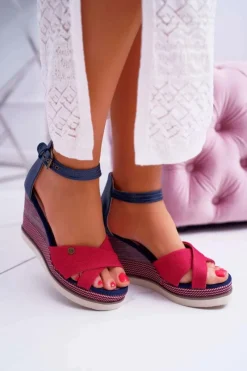 Boto Sandały Damskie Na Koturnie Jeans Czerwone DoThis!