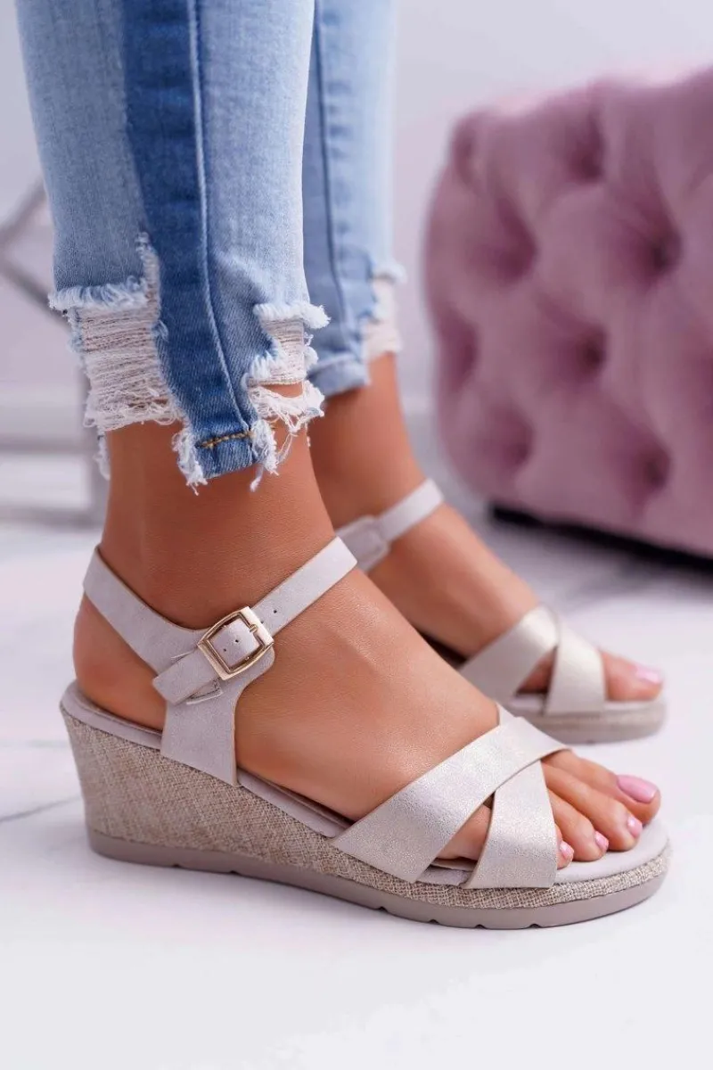 Outlet Sandały Damskie Na Koturnie Eleganckie Szare Midney Damskie Sandały Na Koturnie