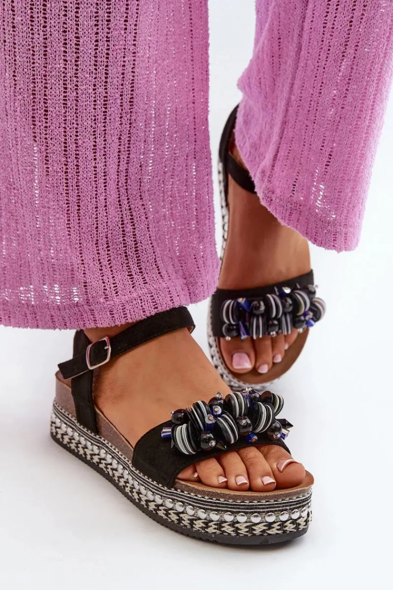 Sale Damskie buty S.Barski Sandały Damskie Na Koturnie I Platformie Z Ozdobami S.Barski HY056 Czarne