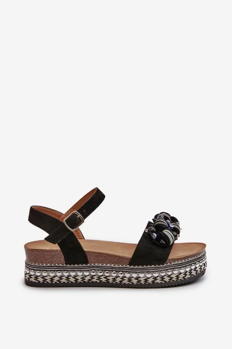 Sale Damskie buty S.Barski Sandały Damskie Na Koturnie I Platformie Z Ozdobami S.Barski HY056 Czarne