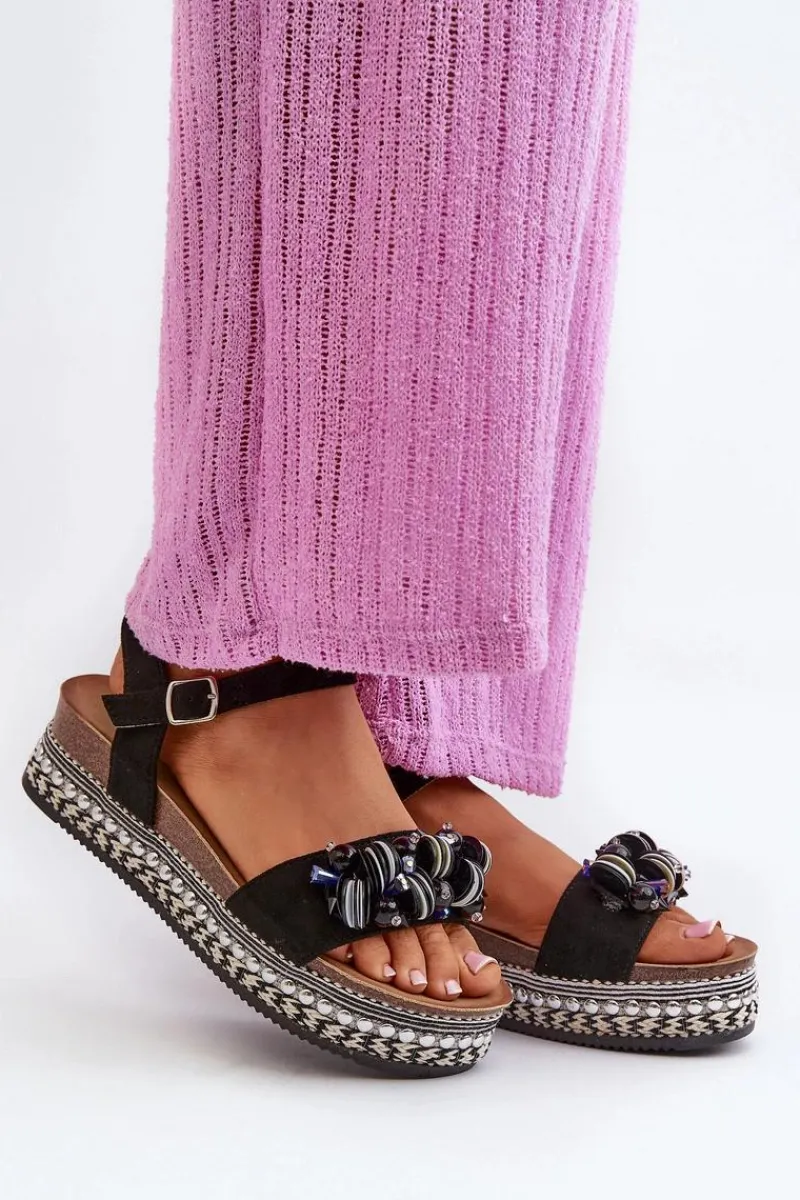 Sale Damskie buty S.Barski Sandały Damskie Na Koturnie I Platformie Z Ozdobami S.Barski HY056 Czarne