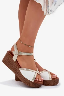 Hot Sandały Damskie Na Koturnie S.Barski PL51-324 Biało-Złote Damskie Sandały Na Koturnie