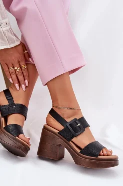 Sandały Damskie Na Masywnym Obcasie I Platformie Vinceza 17387 Czarne Damskie Sandały Na Obcasie