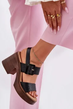 Sandały Damskie Na Masywnym Obcasie I Platformie Vinceza 17387 Czarne Damskie Sandały Na Obcasie