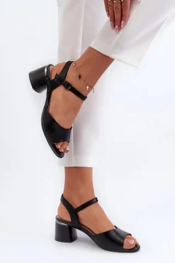 Best Buty Sergio Leone Sandały Damskie Na Niskim Obcasie Eko Skórzane Sergio Leone SK876 Czarne Czarny