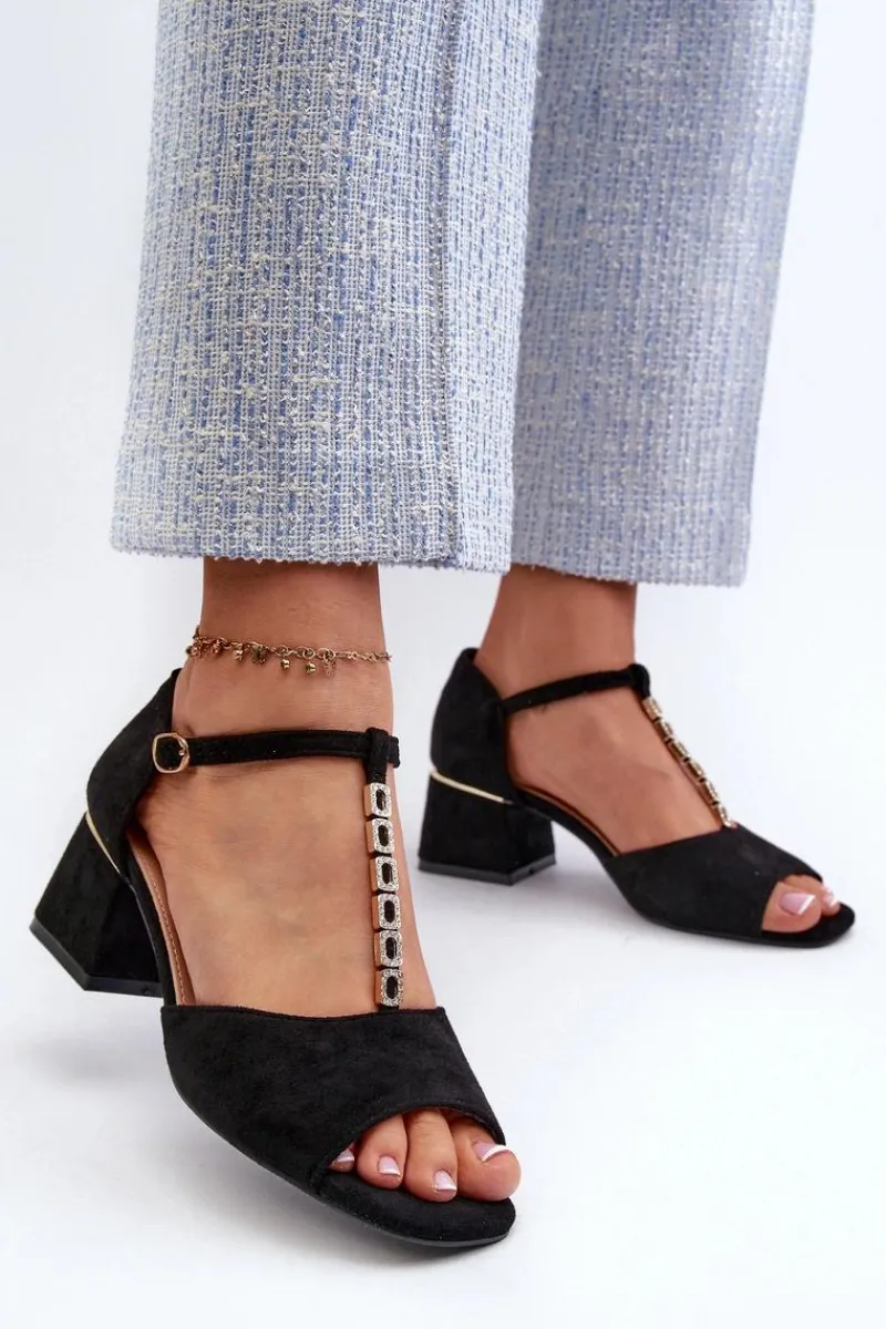 New Buty damskie Vinceza Sandały Damskie Na Obcasie Klocku Z Ozdobnym Paskiem Eko Zamszowe Czarne Obivena