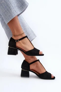 New Buty damskie Vinceza Sandały Damskie Na Obcasie Klocku Z Ozdobnym Paskiem Eko Zamszowe Czarne Obivena