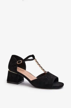 New Buty damskie Vinceza Sandały Damskie Na Obcasie Klocku Z Ozdobnym Paskiem Eko Zamszowe Czarne Obivena