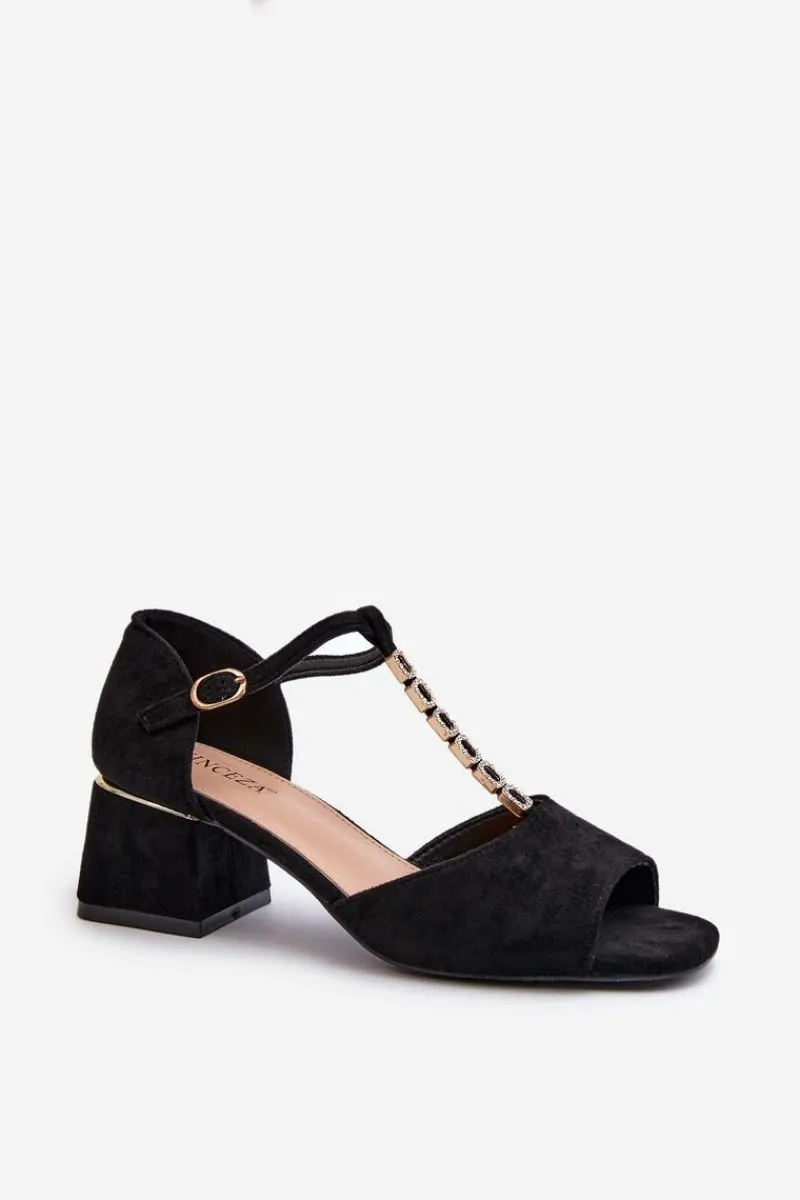 New Buty damskie Vinceza Sandały Damskie Na Obcasie Klocku Z Ozdobnym Paskiem Eko Zamszowe Czarne Obivena