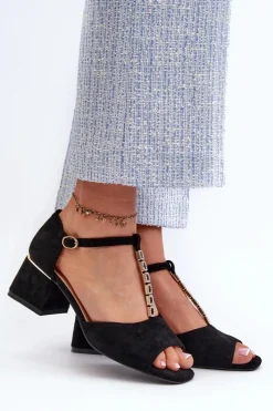 New Buty damskie Vinceza Sandały Damskie Na Obcasie Klocku Z Ozdobnym Paskiem Eko Zamszowe Czarne Obivena