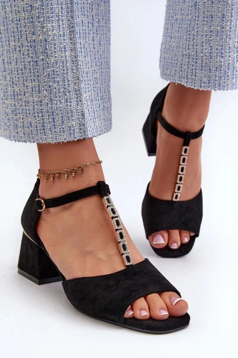 New Buty damskie Vinceza Sandały Damskie Na Obcasie Klocku Z Ozdobnym Paskiem Eko Zamszowe Czarne Obivena